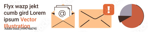 Digital communication, email reminders, notifications, data analytics, business management, marketing. Envelopes, notification symbol and pie chart. Digital communication and notifications concept