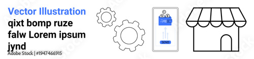 E-commerce, digital payments, settings, online shopping, retail business, app functionality. Gear icons, mobile payment interface and storefront. E-commerce and digital payments concept
