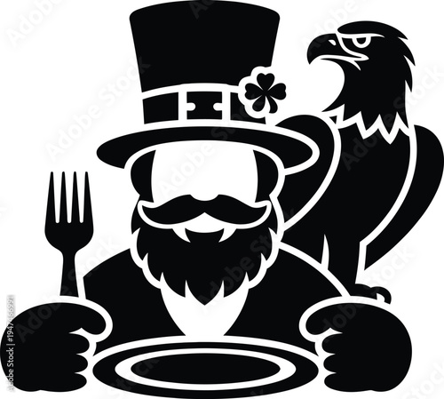 A black and white graphic illustration featuring a bearded leprechaun figure and a bald eagle