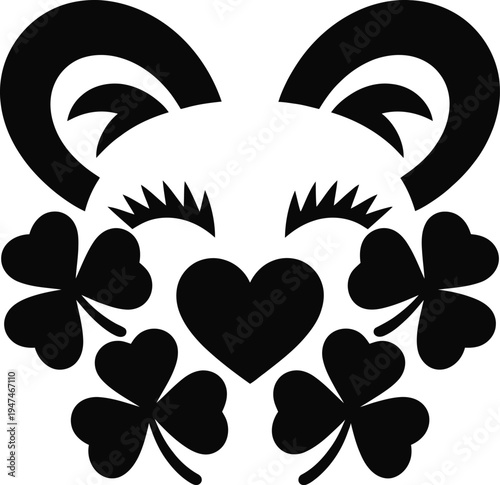 A cute black and white graphic design featuring a smiling animal face surrounded by lucky clovers