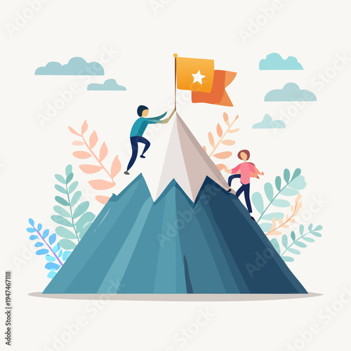People climbing mountain to plant flag, achieving goals.