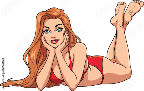 beautiful woman bikini illustration, sexy redhead girl cartoon, pin up style female character, glamorous smiling woman, attractive female portrait