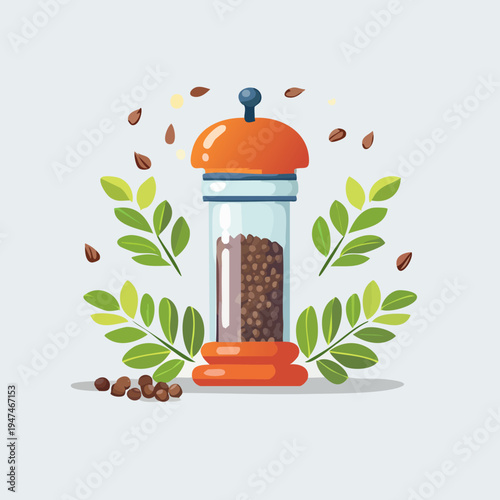 Pepper grinder with peppercorns and green leaves illustration.