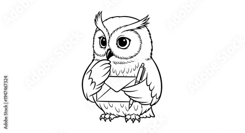 Cute Owl Holding Letter and Pen, Black and White Line Art Illustration