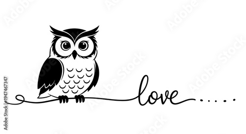 Cute Owl Sitting on Branch with "Love" Text - Black and White Vector Illustration