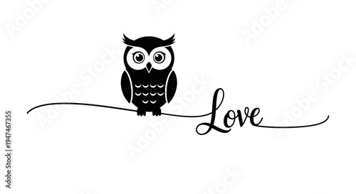 Cute Owl Silhouette Sitting on Branch with "Love" Text - Vector Illustration