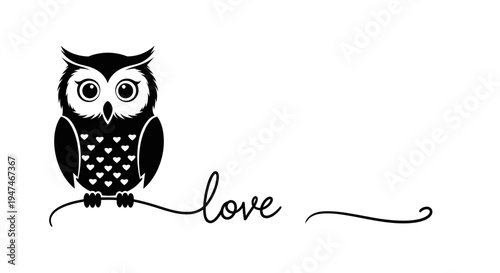 Cute Owl Silhouette with "Love" Text on Branch - Vector Illustration