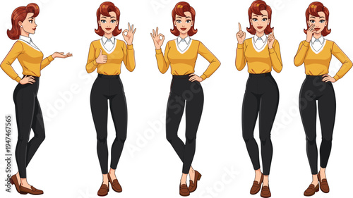 Business woman character poses set, professional female gestures collection, office worker standing expressions, corporate lady vector illustration isolated