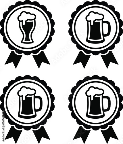 A collection of four circular badge icons featuring black and white beer glass and mug illustrations