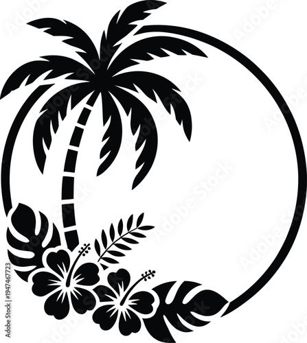 Black and white vector illustration of a tropical palm tree framed by exotic flowers and leaves