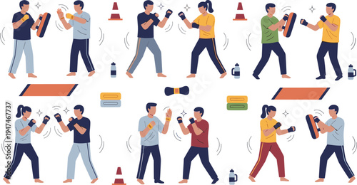 Martial arts and kickboxing training set with diverse people practicing punches kicks and strikes with pads in gym class