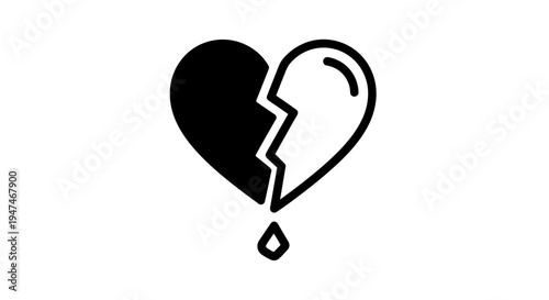 Broken Heart Icon with Droplet, Symbolizing Sadness, Loss, and Heartbreak