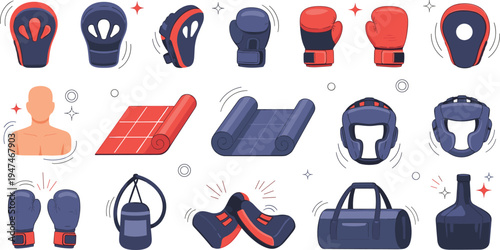 Professional boxing and martial arts equipment vector icon set featuring gloves headgear punching bags gym mats and sports gear