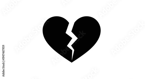 Broken Heart Symbol, Black Silhouette on White Background, Concept of Sadness and Pain