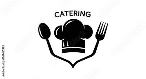 Catering logo with chef hat, spoon, and fork, black and white graphic design