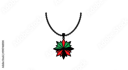 Black chain necklace with a star-shaped pendant in red, green, and black.