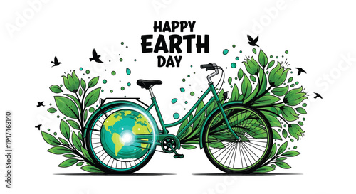 A steaming green mug sits beside a note for earth day