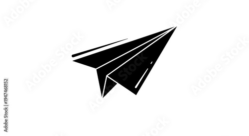 Black paper airplane icon on white background, symbolizing travel, creativity, and simplicity.
