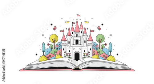 Two children joyfully reading a book together surrounded by colorful nature