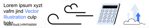 Business analytics, financial planning, cloud computing, data workload, growth strategies, modern efficiency. Image with a calculator and arrows emerging from clouds. Financial planning and business