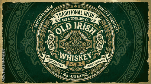 Vintage old irish whiskey label design with shamrock and celtic knot on green background