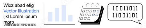 Digital communication, data analysis, scheduling, planning, technology, and information sharing. Bar graph, calendar and binary code in a speech bubble. Data analysis and digital communication
