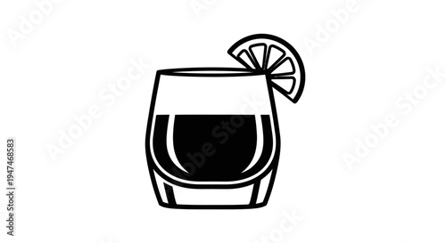 Black and white icon of a cocktail with a lemon slice garnish