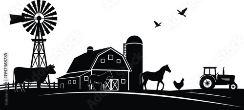 Farm landscape silhouette, rural agriculture scene with barn windmill tractor and animals, countryside farming illustration, traditional village farm vector