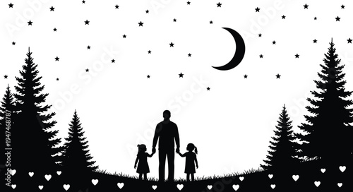father with daughters silhouette under starry night sky, family love concept, forest landscape, moon stars background, parenting bond illustration