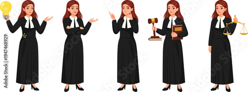 Female lawyer character set, woman judge holding gavel and scales, legal professional poses, justice concept illustration collection