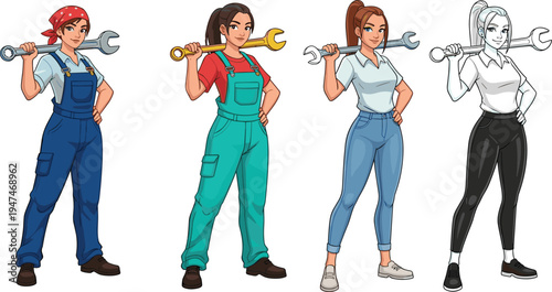 Female mechanic characters set, women technicians holding wrench tools, professional repair workers vector illustration isolated strong working women concept