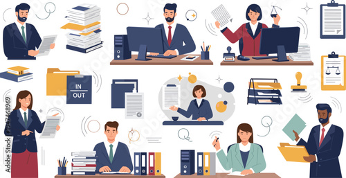 Professional legal and office administration set featuring lawyers clerks and corporate workers managing paperwork documents and scales of justice
