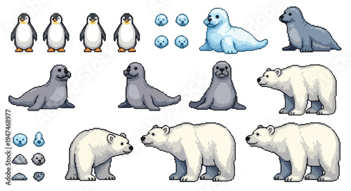 This image displays a diverse collection of pixel art sprites featuring various arctic animals, including penguins, seals, and polar bears in different poses.