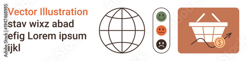 E-commerce analysis, business strategy, feedback assessment, global trade, market trends, online shopping. Globe, basket feedback indicators. Business strategy and market trends concept