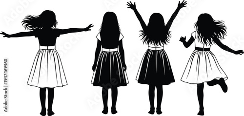 Girl silhouette collection, dancing child vector illustration set, happy kid poses, playful little girl black white silhouette bundle