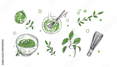 Set of hand drawn matcha green tea doodles