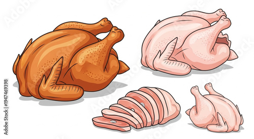 Collection of Raw and Cooked Chicken Cuts for Culinary Use