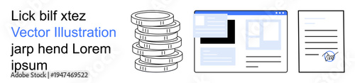 Finance, digital platforms, online transactions, financial planning, business documentation, e-signatures. Stack of coins, website interface document with signature. Finance and digital platforms