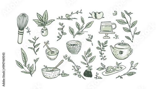 Blak white handrawn tea japanese green matcha doodles