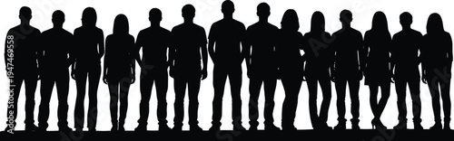 Group of people silhouette, diverse crowd standing together, teamwork community concept illustration, men and women lineup isolated vector