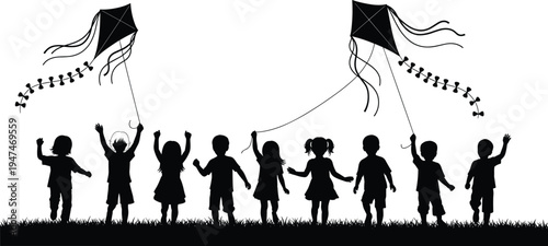 children flying kites silhouette group playing together in park, happy kids outdoor activity, childhood fun vector illustration landscape