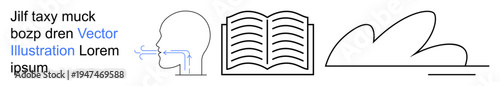 Education, health, storytelling, minimalism, creativity, graphic design. Outline of a human head with breath lines, an open book and a curved landscape. Education and health concepts