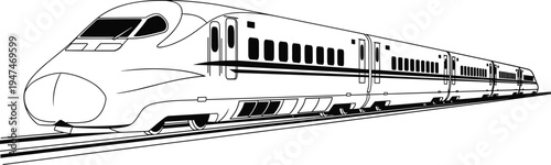 high speed train vector illustration, modern bullet train transport, railway technology concept, fast passenger locomotive, isolated black white rail design