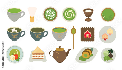 Ceremonial matcha flat design element collection. 