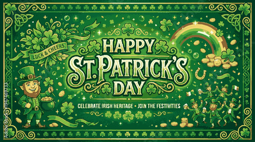 Happy st patrick's day banner with leprechaun rainbow and shamrocks for irish heritage celebration