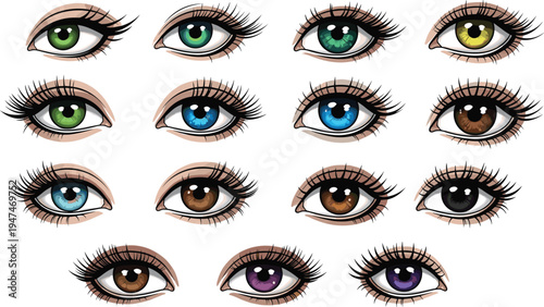 Human eye collection vector illustration, realistic female eyes set with different iris colors, beauty makeup detail isolated design