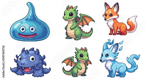 A collection of six adorable pixel art fantasy creatures, including slimes, dragons, and foxes, on a clean white background.