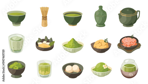 Set of Matcha tea element design. Green tea and sweets collection.