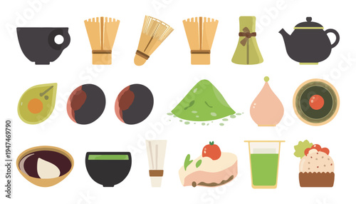 An assortment of matcha tea set items, including a teapot, whisk, bowl, and tea powder, presented in a clean, illustrative style