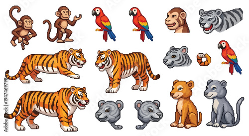 A collection of pixel-art animals including monkeys, tigers, parrots, and cubs, depicted as full sprites and headshots.